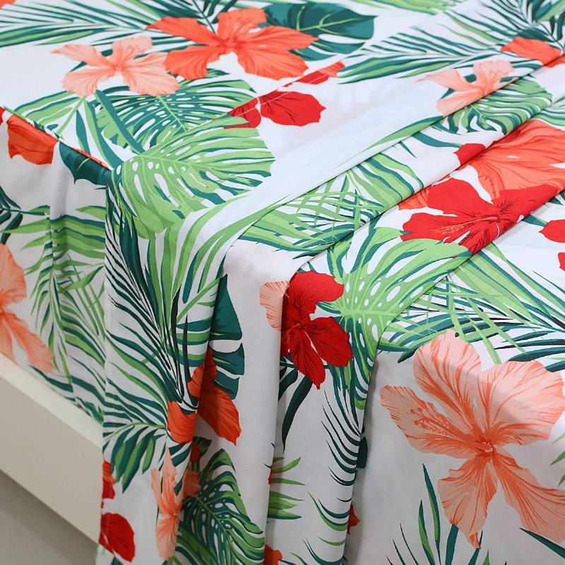 Hawaiian Lakan Set Tropical Red Hibiscus Palm Leaves 100% Bomull Hypoallergena Deep Pocket Fit 4-delade