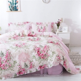 Hem Textil Rosa Ros Blommig Påslakan Set Princess Rufsig Farmhouse Style Sängkläder Set För Flickor 4 Delar