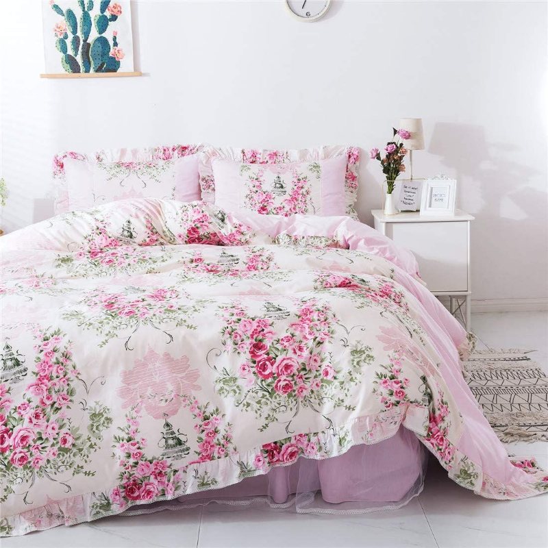 Hem Textil Rosa Ros Blommig Påslakan Set Princess Rufsig Farmhouse Style Sängkläder Set För Flickor 4 Delar