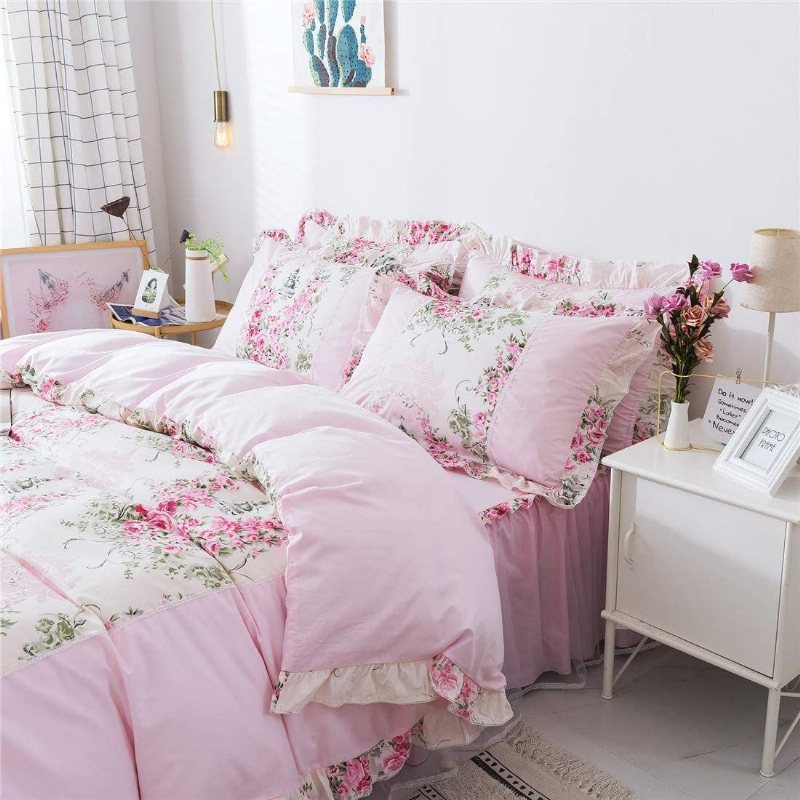 Hem Textil Rosa Ros Blommig Påslakan Set Princess Rufsig Farmhouse Style Sängkläder Set För Flickor 4 Delar