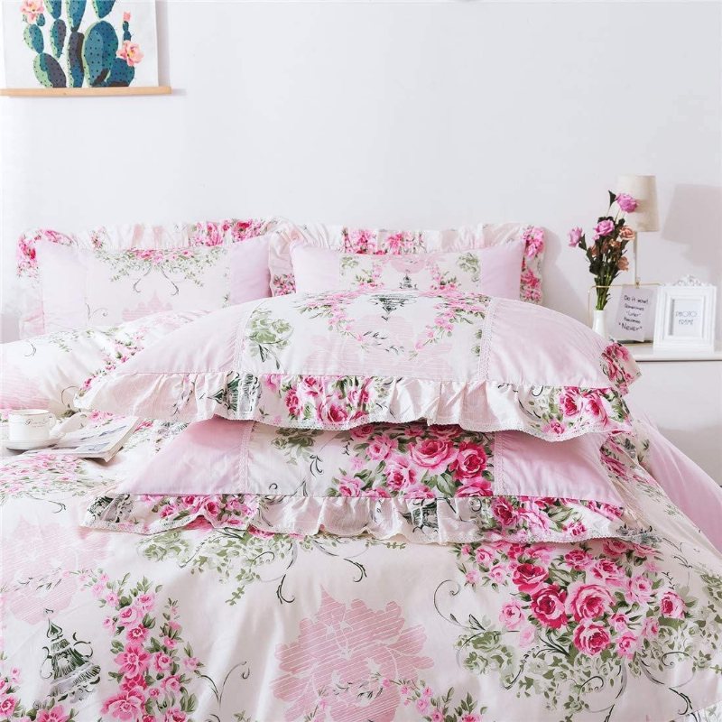 Hem Textil Rosa Ros Blommig Påslakan Set Princess Rufsig Farmhouse Style Sängkläder Set För Flickor 4 Delar