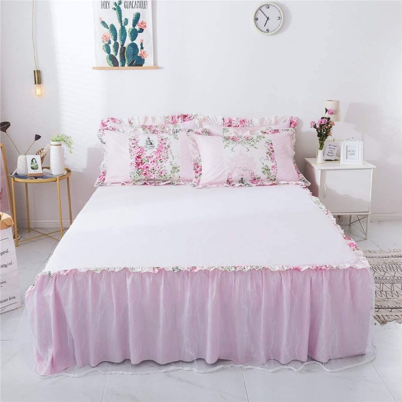 Hem Textil Rosa Ros Blommig Påslakan Set Princess Rufsig Farmhouse Style Sängkläder Set För Flickor 4 Delar