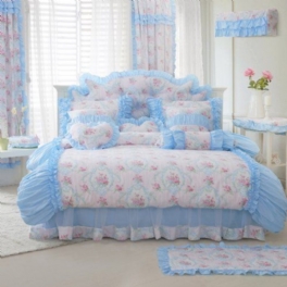 Hem Textilny Romantisk Blå Blommig Sängkläder Set Rosa Ros Blommönster Set Girls Fairy Duvet Cover Set 7st