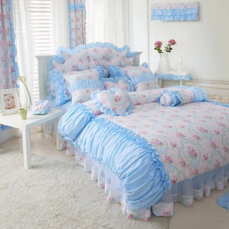 Hem Textilny Romantisk Blå Blommig Sängkläder Set Rosa Ros Blommönster Set Girls Fairy Duvet Cover Set 7st