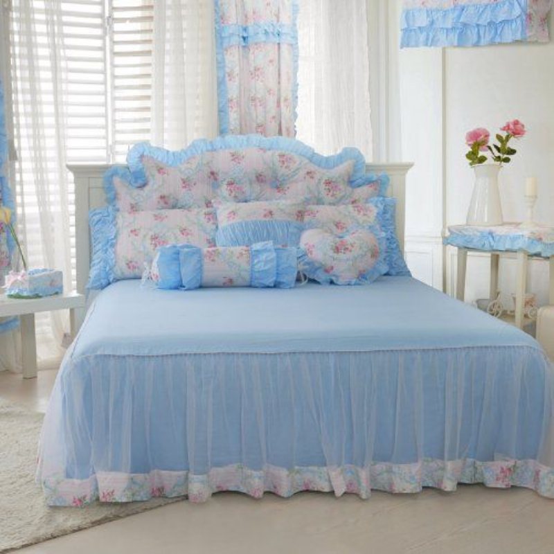 Hem Textilny Romantisk Blå Blommig Sängkläder Set Rosa Ros Blommönster Set Girls Fairy Duvet Cover Set 7st