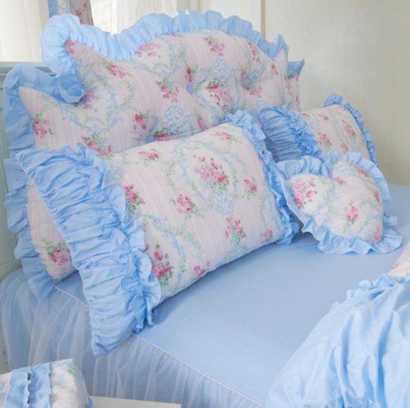 Hem Textilny Romantisk Blå Blommig Sängkläder Set Rosa Ros Blommönster Set Girls Fairy Duvet Cover Set 7st