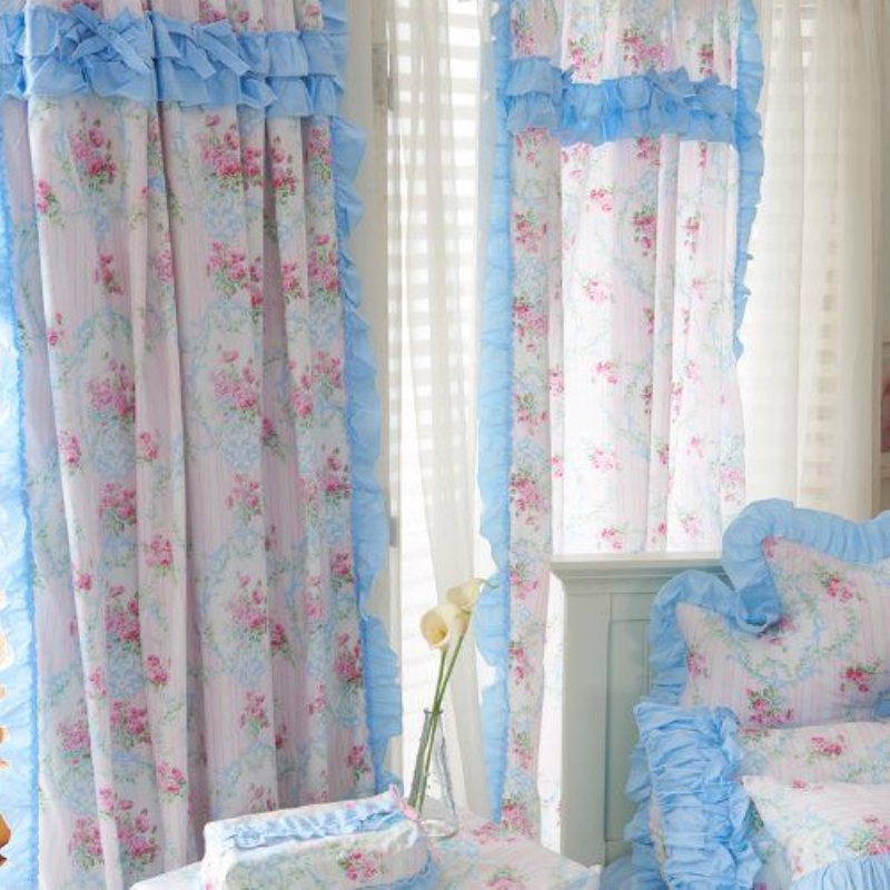 Hem Textilny Romantisk Blå Blommig Sängkläder Set Rosa Ros Blommönster Set Girls Fairy Duvet Cover Set 7st