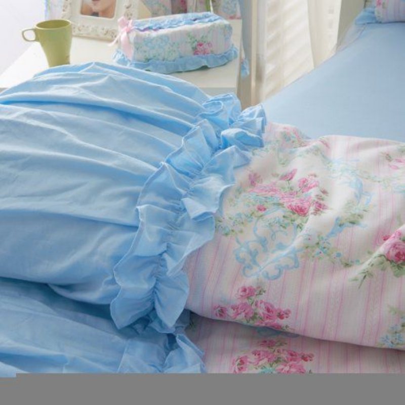 Hem Textilny Romantisk Blå Blommig Sängkläder Set Rosa Ros Blommönster Set Girls Fairy Duvet Cover Set 7st