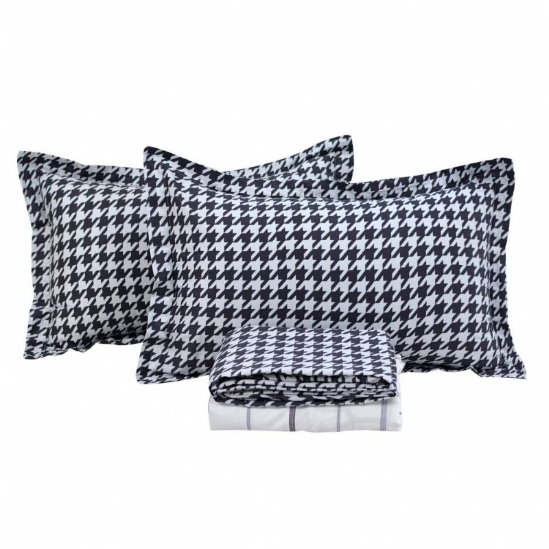 Houndstooth Sängkläder Bomull Lakan Set 4 Delar Med Dragkedjor (svart Och Vitt)