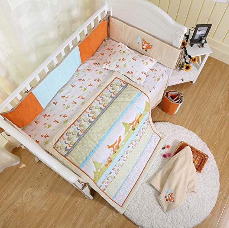 Lekfull Fox Spjälsäng Sängset Mint Gitter Sängkläder Piltryck Woodland Nursery Flerfärgad Unisex 8st