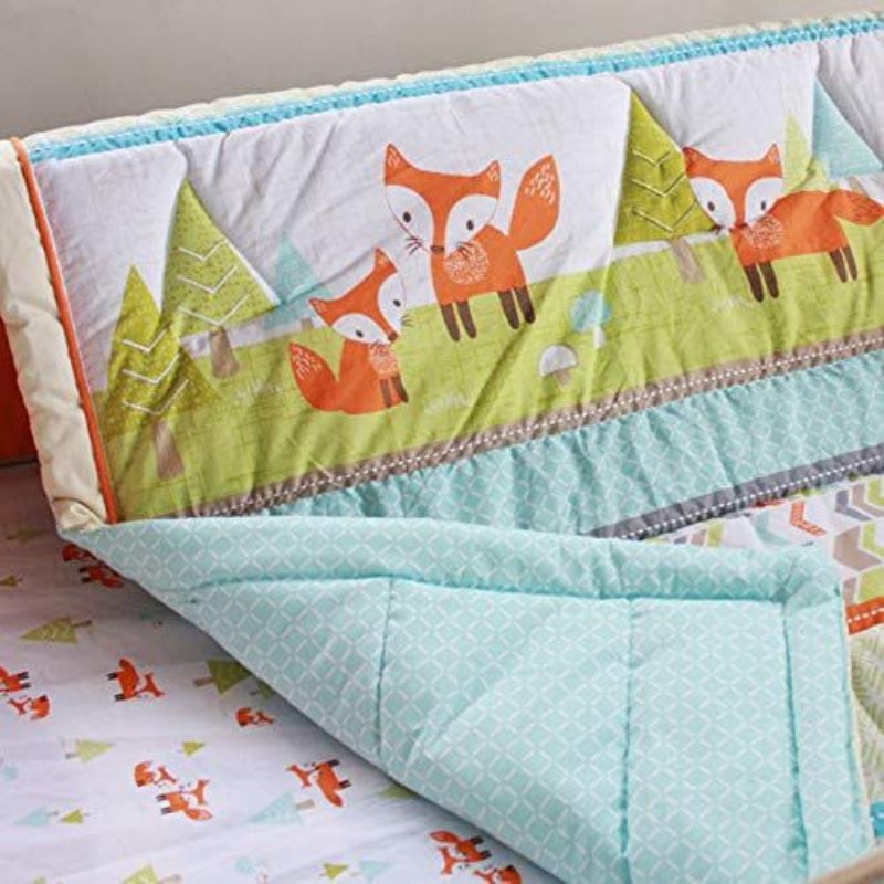 Lekfull Fox Spjälsäng Sängset Mint Gitter Sängkläder Piltryck Woodland Nursery Flerfärgad Unisex 8st