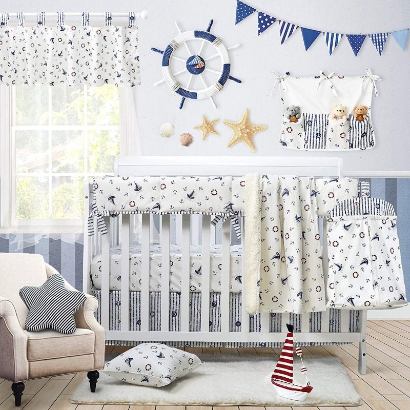 Nautical Baby Sängkläder Set För Pojkar Sail Away Ocean Anchor Tryckt Nursery Crib Set Med Bumper Marinblå Och Vit