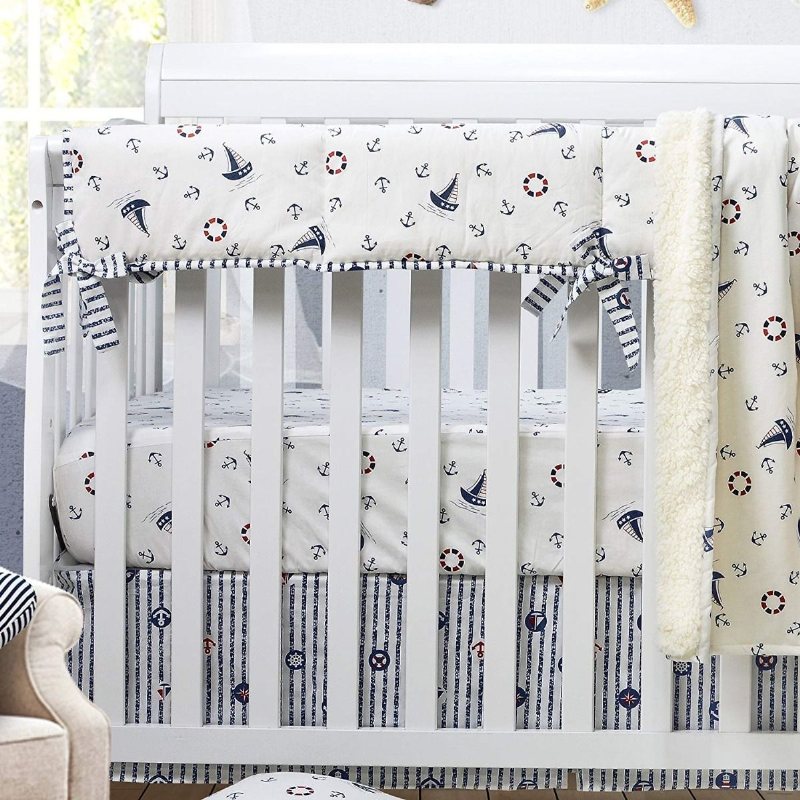 Nautical Baby Sängkläder Set För Pojkar Sail Away Ocean Anchor Tryckt Nursery Crib Set Med Bumper Marinblå Och Vit