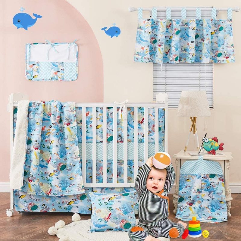 Nautical Coastal Boy's Crib Sängset Oceania Undersea World Coral Fish Print Nursery Set