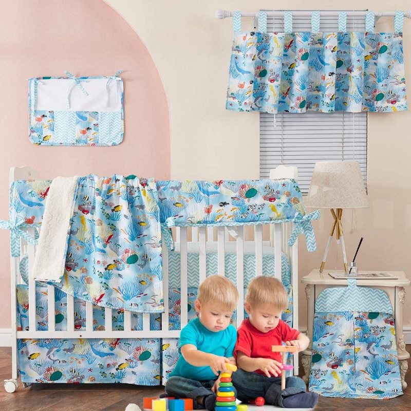 Nautical Coastal Boy's Crib Sängset Oceania Undersea World Coral Fish Print Nursery Set