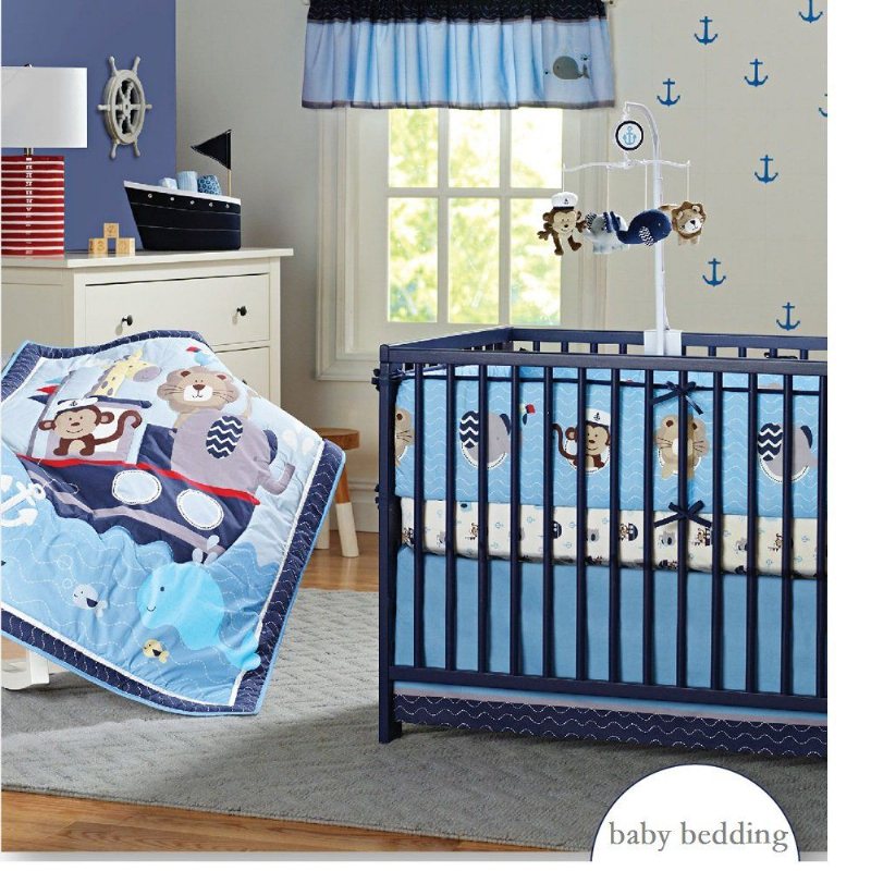 Nautical Crib Sängkläder Set Med Bumper Blå Baby Boy Set Ocean Whale Monkey Giraffe Elephant Printed 8 Bits