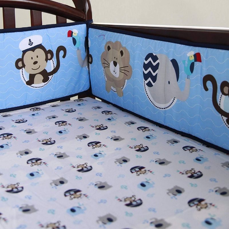 Nautical Crib Sängkläder Set Med Bumper Blå Baby Boy Set Ocean Whale Monkey Giraffe Elephant Printed 8 Bits