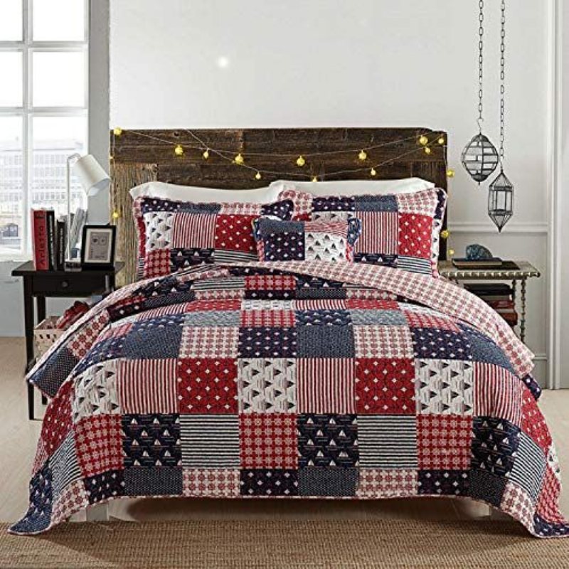 Nautical Sängkläder Set Havstema Patchwork Quilt Set Mjuk 100 % Bomull Sängtäcken Set Queen Size