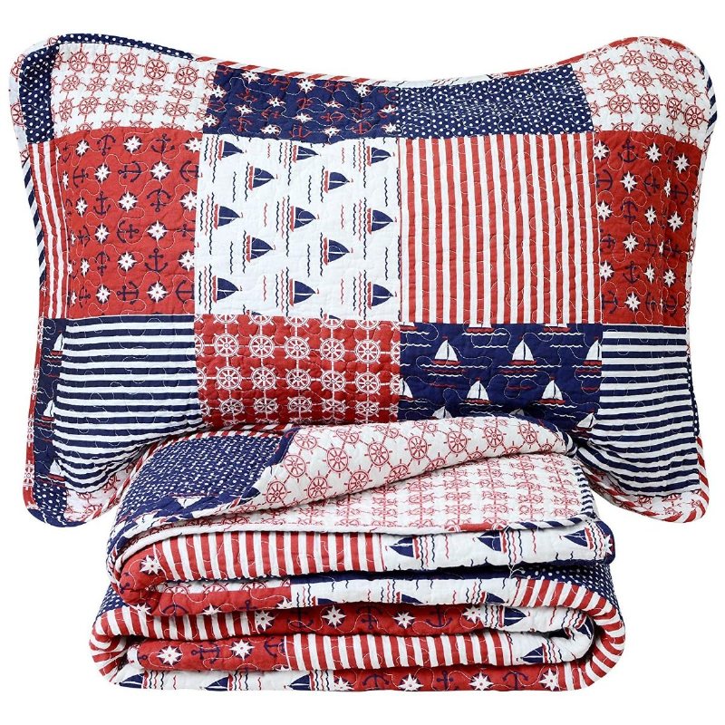 Nautical Sängkläder Set Havstema Patchwork Quilt Set Mjuk 100 % Bomull Sängtäcken Set Queen Size