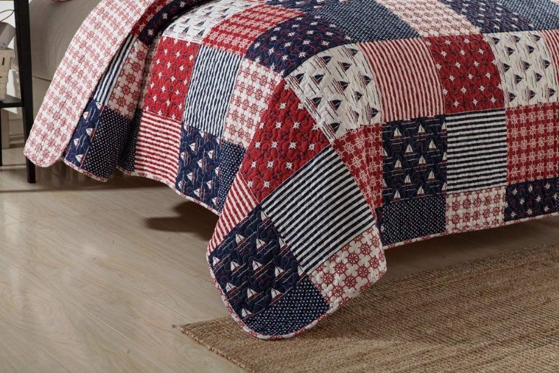 Nautical Sängkläder Set Havstema Patchwork Quilt Set Mjuk 100 % Bomull Sängtäcken Set Queen Size