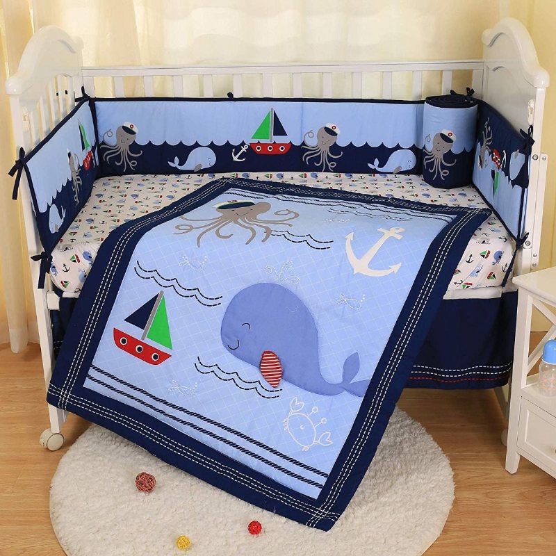 Nautical Spjälsäng Sängkläder Set Med Stötfångare Marinblå Baby Boy Nursery Ocean Whale Ankare Tryckt 7st