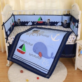 Nautical Spjälsäng Sängkläder Set Med Stötfångare Marinblå Baby Boy Nursery Ocean Whale Ankare Tryckt 7st