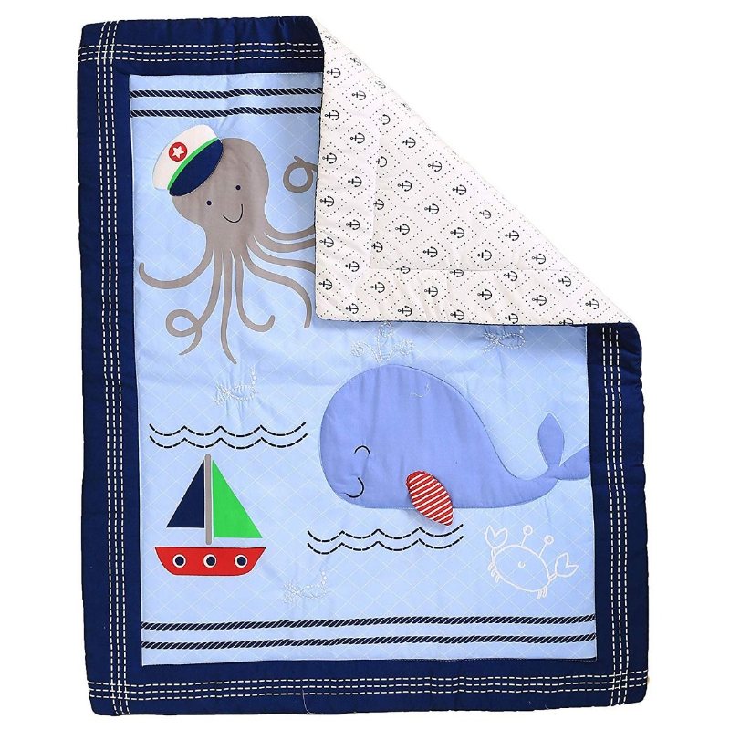 Nautical Spjälsäng Sängkläder Set Med Stötfångare Marinblå Baby Boy Nursery Ocean Whale Ankare Tryckt 7st