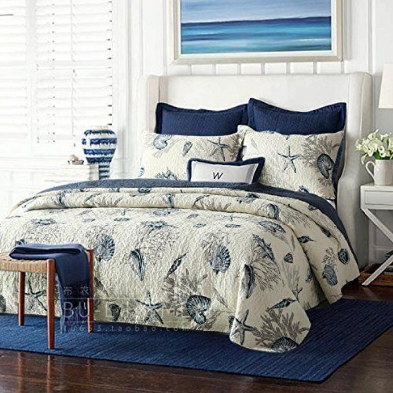 Ocean Täcken Set 100% Bomull Lättvikts Quilt Set Coverlet Set Navy Coastal 2-delad