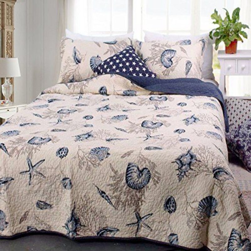 Ocean Täcken Set 100% Bomull Lättvikts Quilt Set Coverlet Set Navy Coastal 2-delad