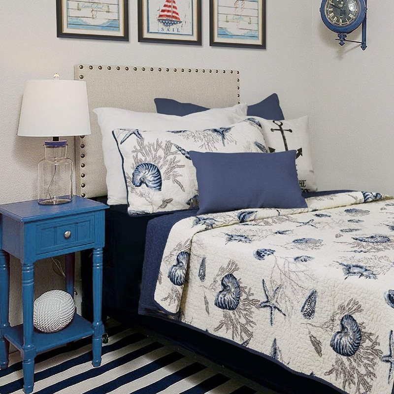 Ocean Täcken Set 100% Bomull Lättvikts Quilt Set Coverlet Set Navy Coastal 2-delad