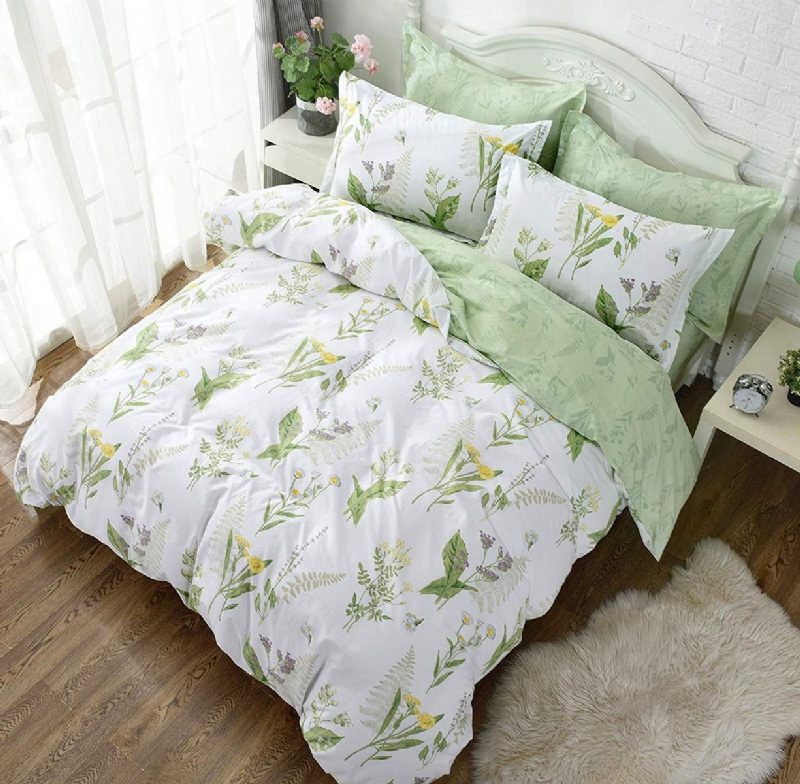 Påslakanset 4 St Shabby Daisy Och Lavendelblommor 100% Bomull Gömd Dragkedja Med Grönt Djupt Inpassat Lakan