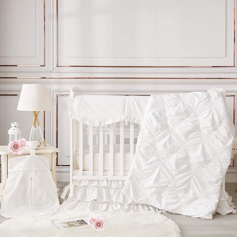 Plisserad Diamond Design Nursery Sängkläder Set Lyx Vit Volang New Born Crib Set