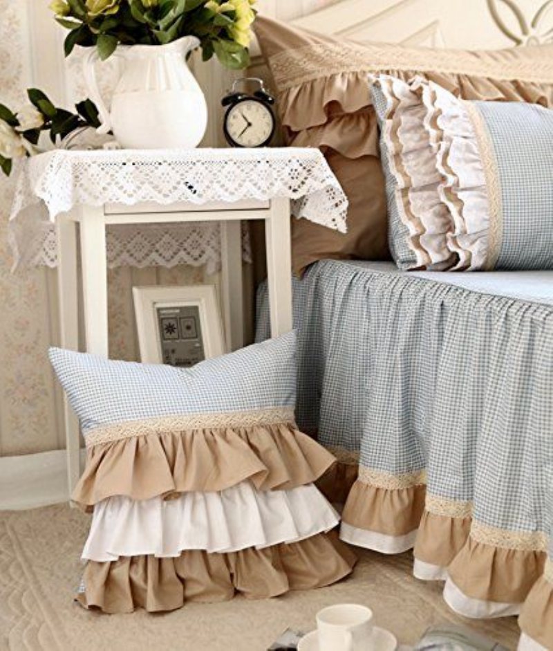 Princess Cotton Lace Sängkläder Set Blue Gingham Sovrumsset 6-delat