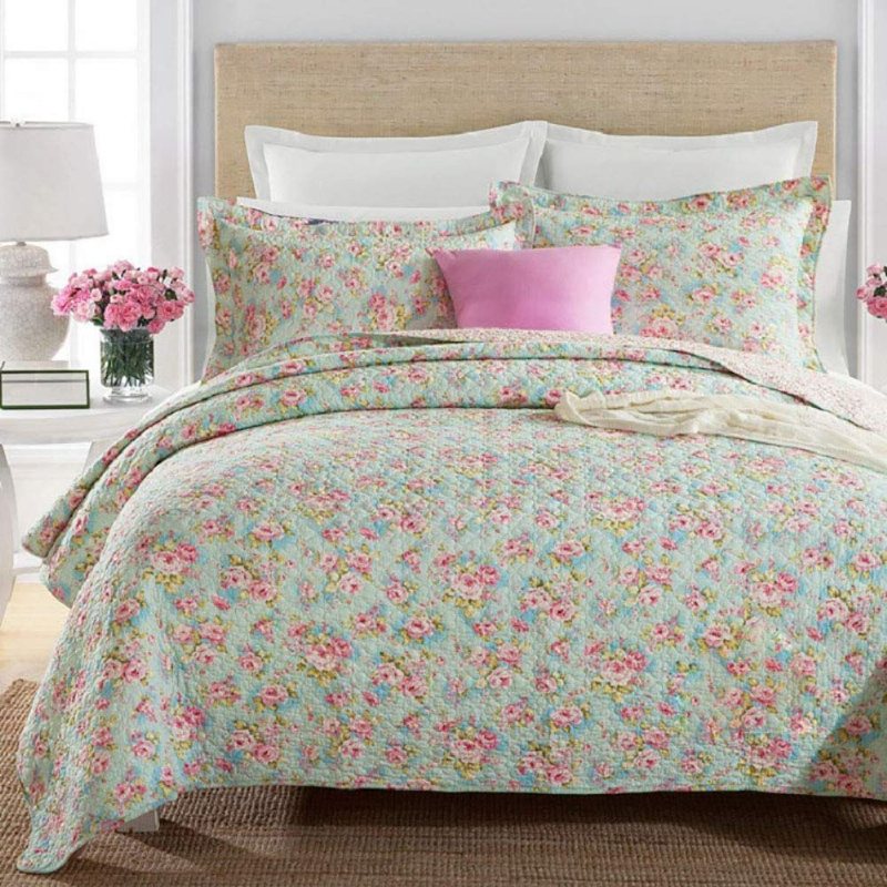 Queen Size Flickor Sängkläder Täcken Set Romantiska Överkast Gröna Blommiga Säng Quilt Set Bomull