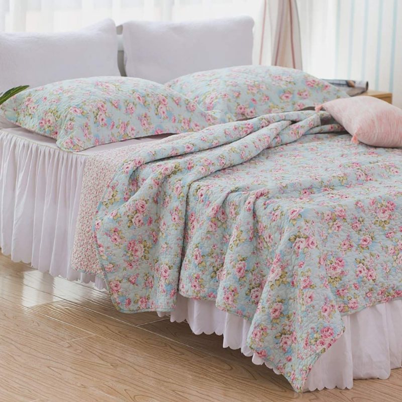 Queen Size Flickor Sängkläder Täcken Set Romantiska Överkast Gröna Blommiga Säng Quilt Set Bomull