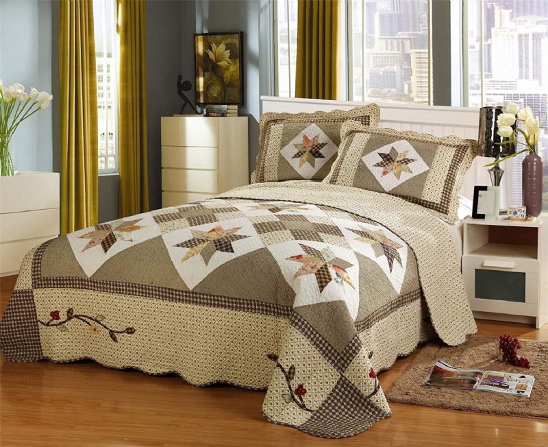 Queen Size Luxury Patchwork Quiltat Överkast Bomullstäcken Set