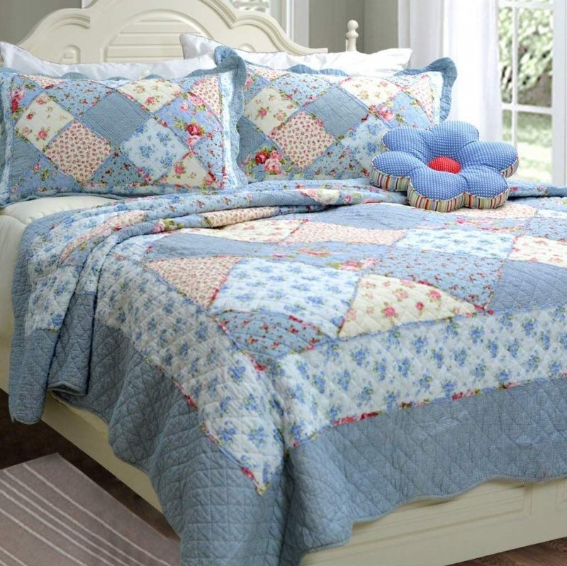 Queen Size Shabby Blue Floral Patchwork Täcken Set Bomullstäcken Set