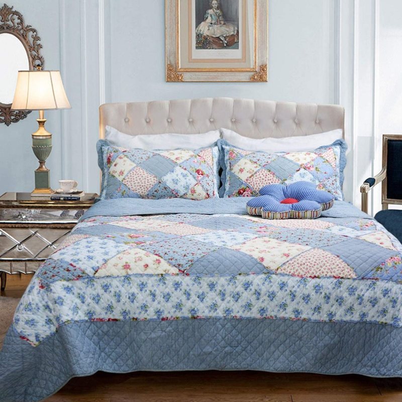 Queen Size Shabby Blue Floral Patchwork Täcken Set Bomullstäcken Set