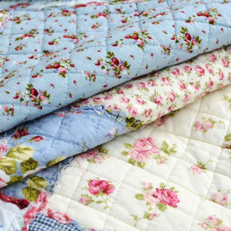 Queen Size Shabby Blue Floral Patchwork Täcken Set Bomullstäcken Set