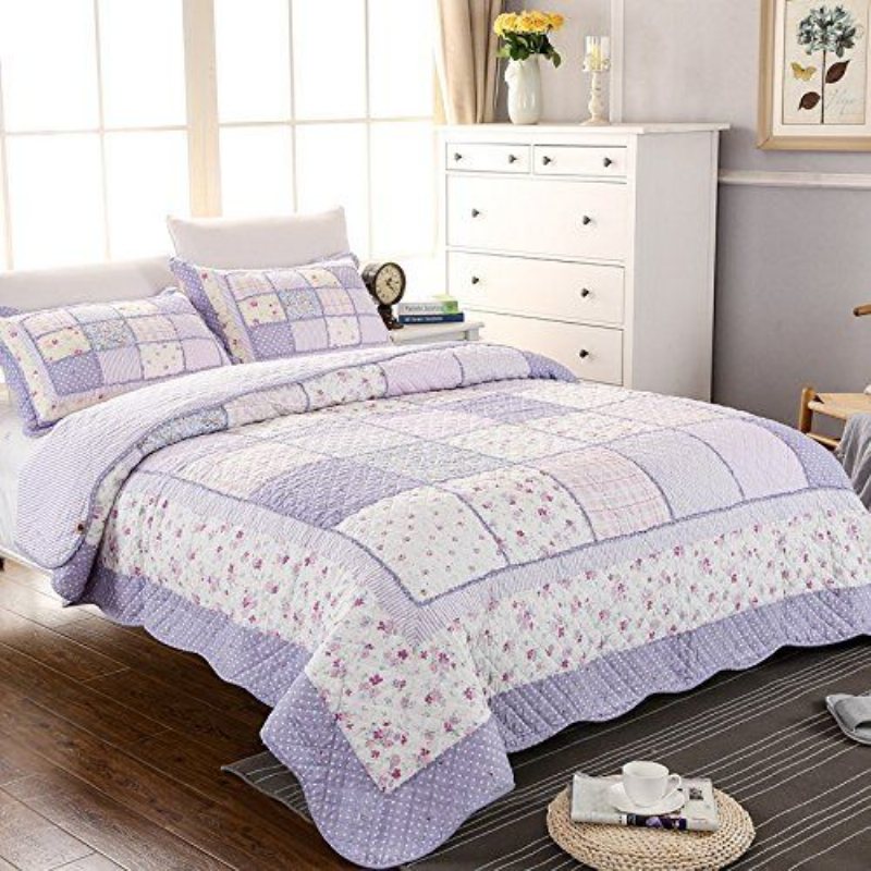 Queen Size Sommartäcken Set Lila Blommig Sängkläder Set Flickor Patchwork Quilt Set 100% Bomull Överkast Set Mors Dag Rea