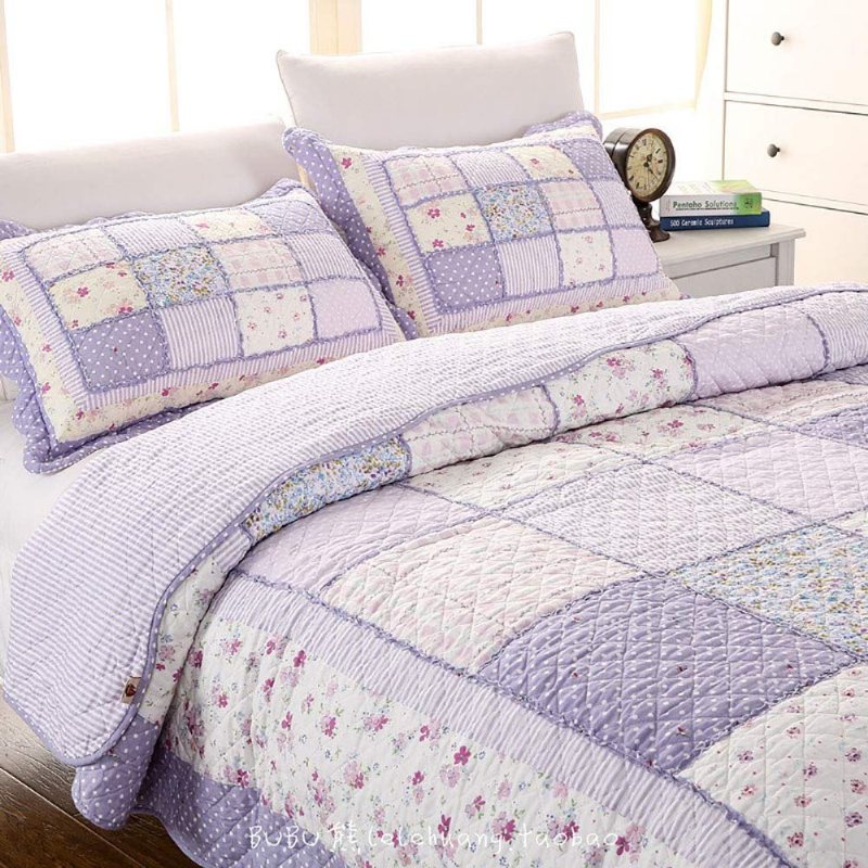 Queen Size Sommartäcken Set Lila Blommig Sängkläder Set Flickor Patchwork Quilt Set 100% Bomull Överkast Set Mors Dag Rea