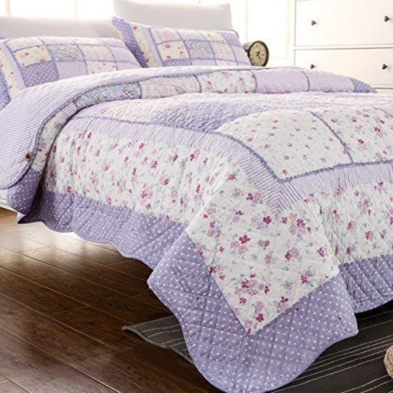 Queen Size Sommartäcken Set Lila Blommig Sängkläder Set Flickor Patchwork Quilt Set 100% Bomull Överkast Set Mors Dag Rea