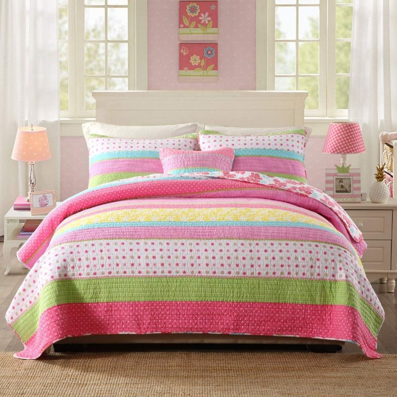 Rosa Polka Dot Stripe Blommig Quilt Set Täcken Set