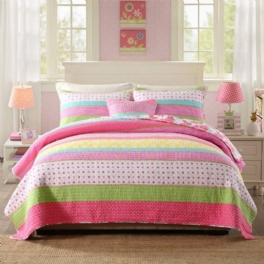 Rosa Polka Dot Stripe Blommig Quilt Set Täcken Set