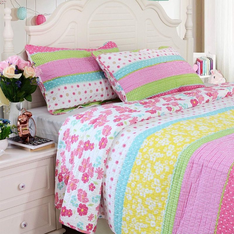 Rosa Polka Dot Stripe Blommig Quilt Set Täcken Set