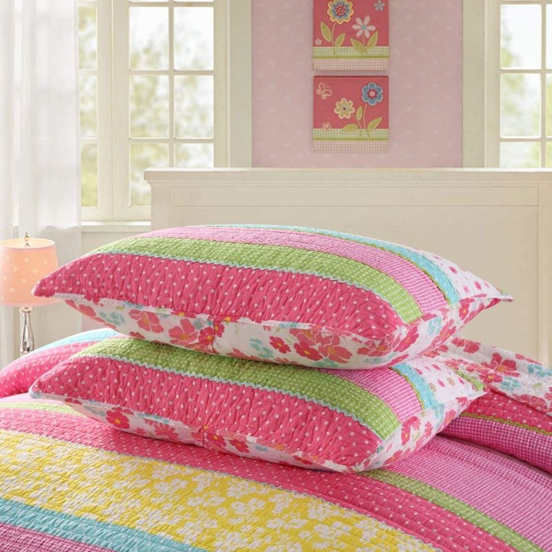 Rosa Polka Dot Stripe Blommig Quilt Set Täcken Set