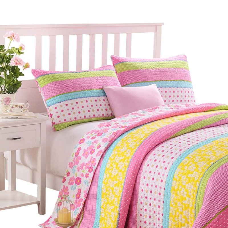 Rosa Polka Dot Stripe Blommig Quilt Set Täcken Set