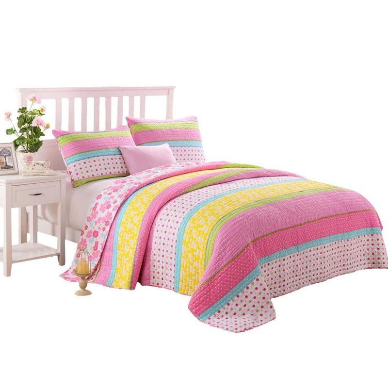 Rosa Polka Dot Stripe Blommig Quilt Set Täcken Set