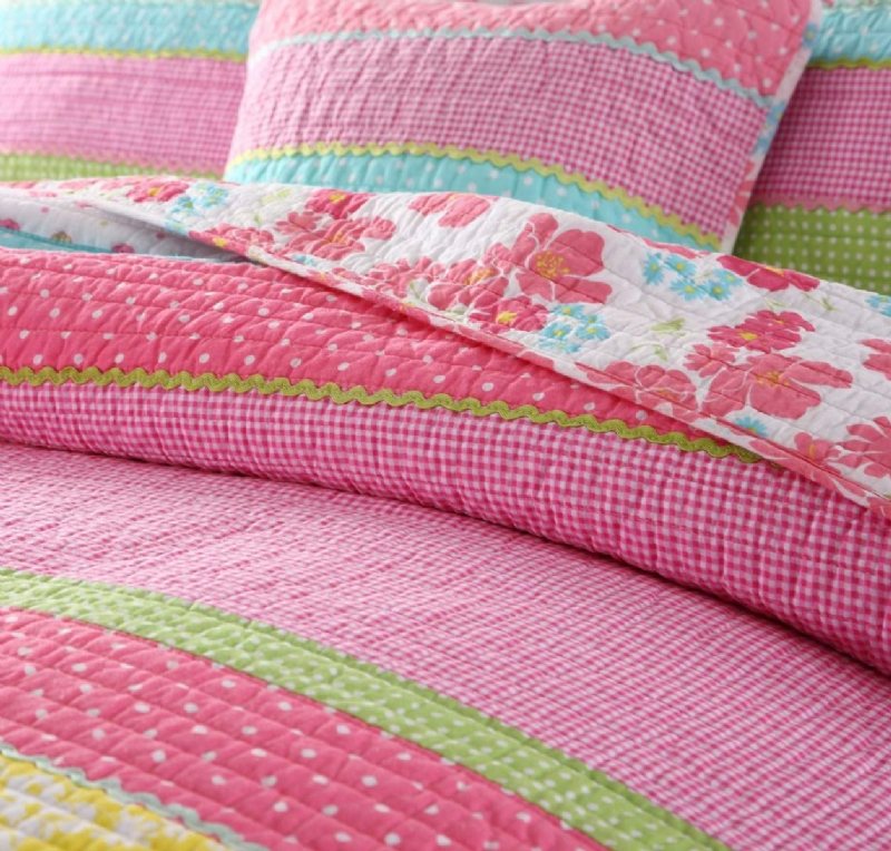 Rosa Polka Dot Stripe Blommig Quilt Set Täcken Set