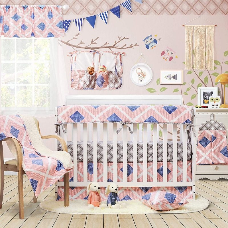 Rutig Spjälsäng Sängkläder Boho Set Med Stötfångare Rosa Blå Grå Baby Flickor Pojkar Barnkammare 100 % Bomull